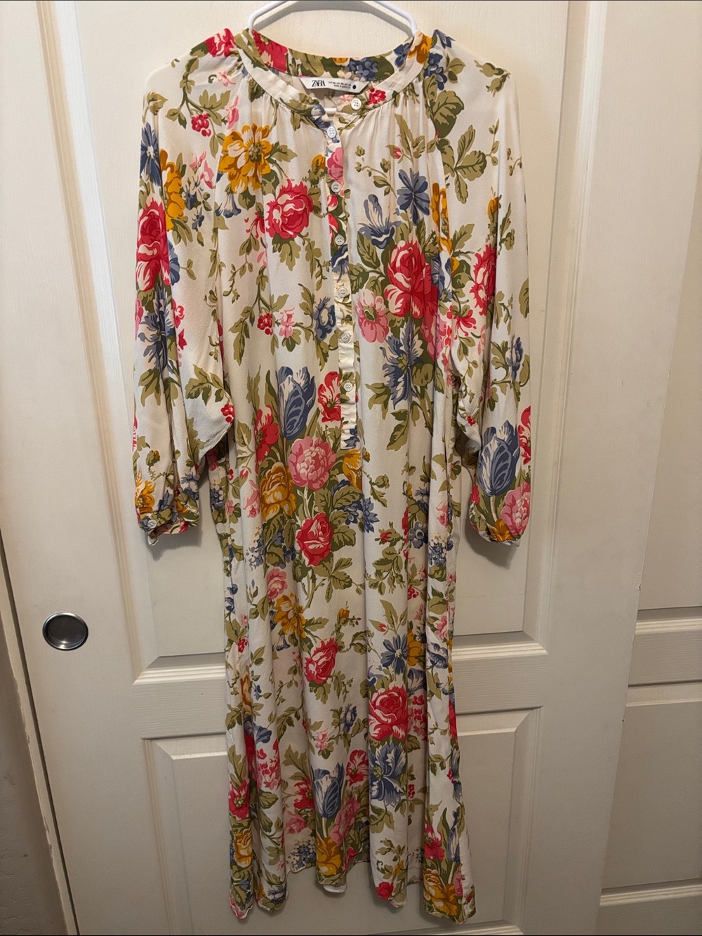 Zara Cream Floral Button-Front Maxi Dress with Pink, Blue & Yellow Blooms